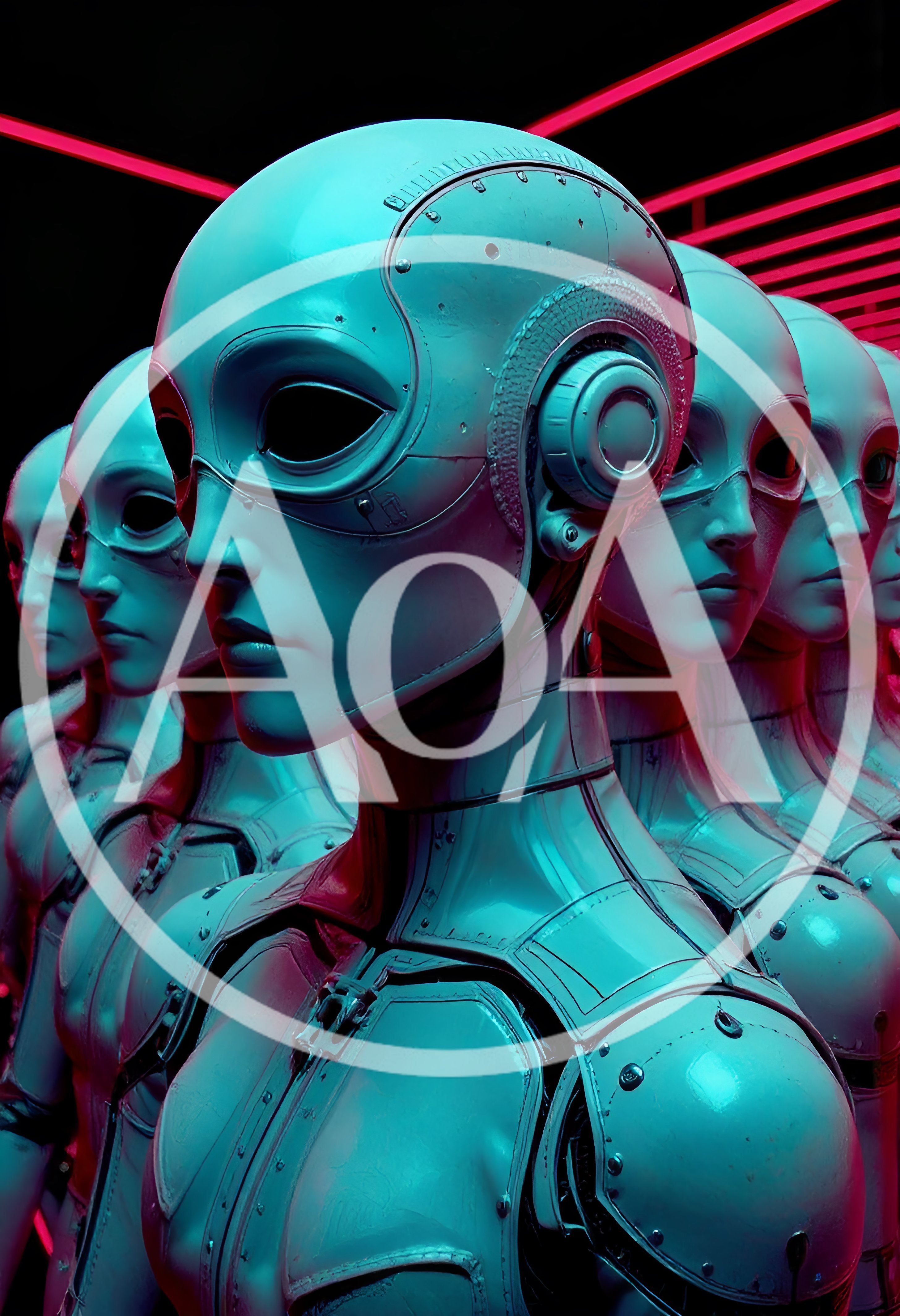 Row Of Futuristic Androids In Neon Lighting