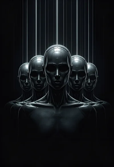 Group Of Identical Dark Metallic Android Figures