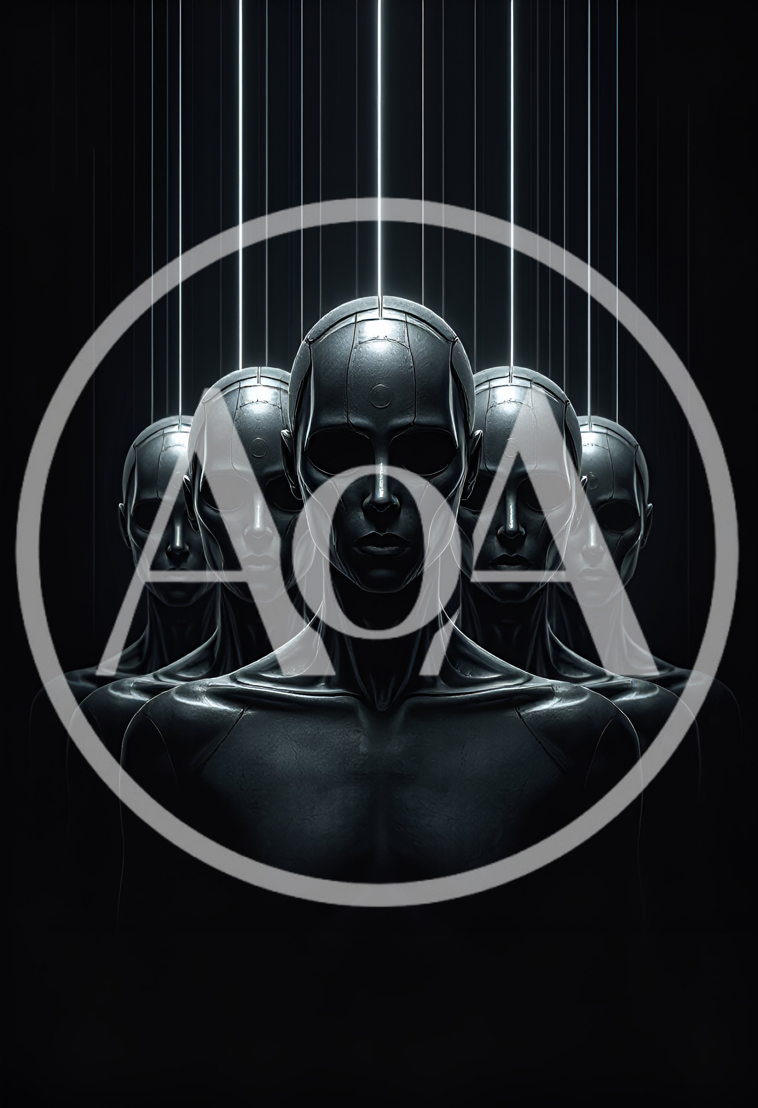 Group Of Identical Dark Metallic Android Figures