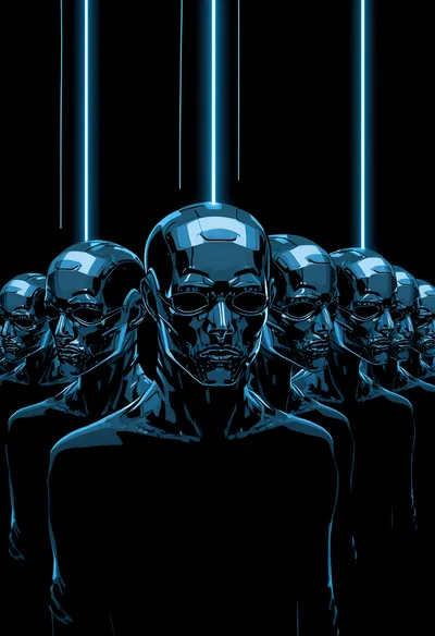 Group Of Futuristic Metallic Androids With Glowing Light Beams