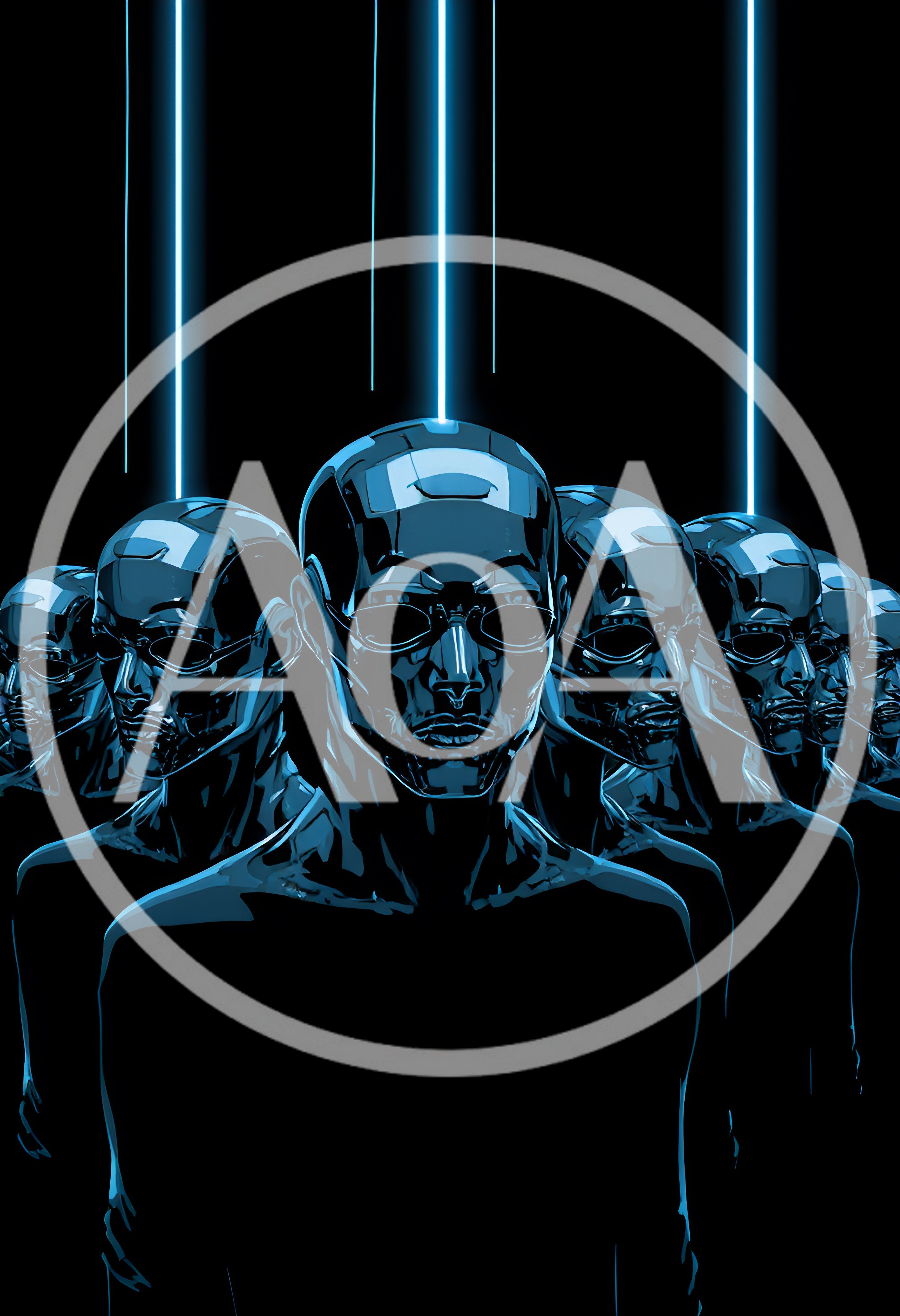 Group Of Futuristic Metallic Androids With Glowing Light Beams
