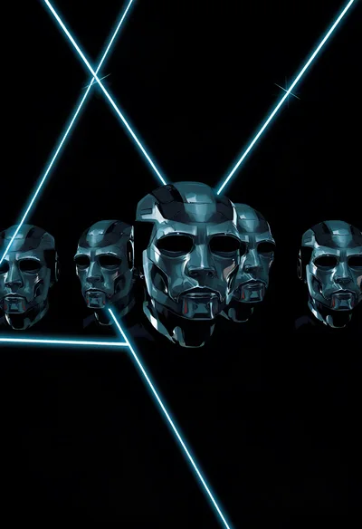 Futuristic Metallic Cyborg Heads With Neon Laser Beams