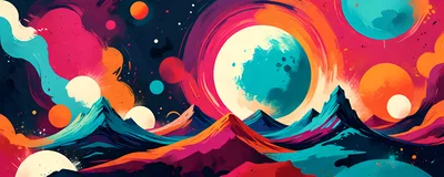 Abstract Surreal Landscape With Vibrant Planets And Mountains