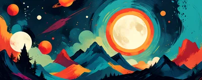 Surreal Mountain Landscape Under A Vibrant Cosmic Sky