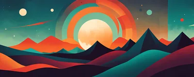 Abstract Surreal Landscape With Geometric Mountains And Sun