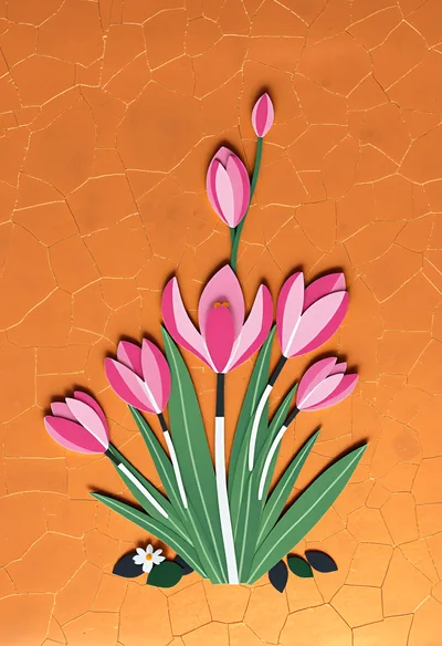 Paper Cutout Pink Crocus Flowers On Cracked Orange Background