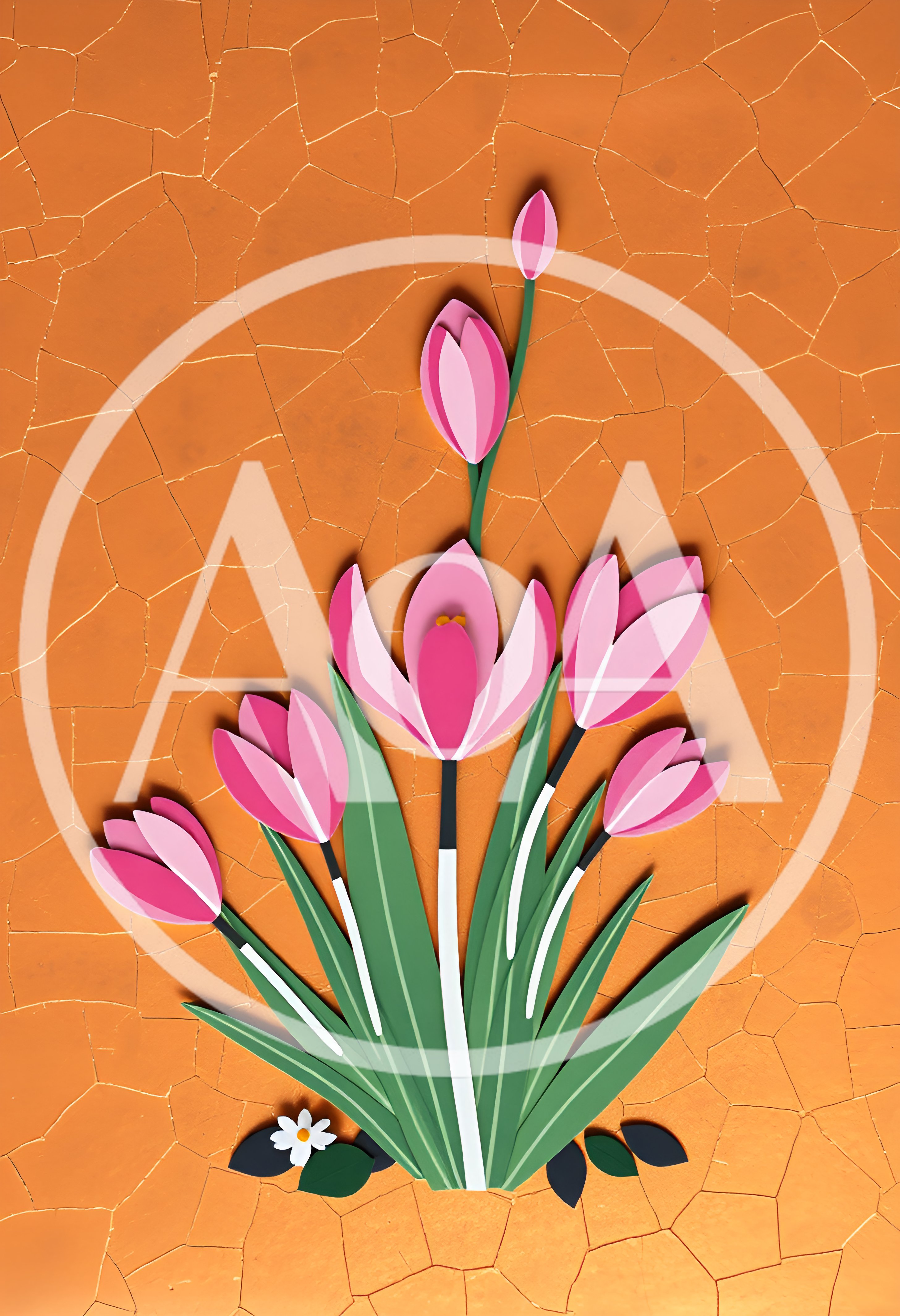 Paper Cutout Pink Crocus Flowers On Cracked Orange Background