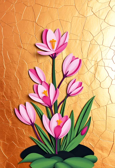 Paper Cutout Style Pink Crocus Flowers On Gold Background