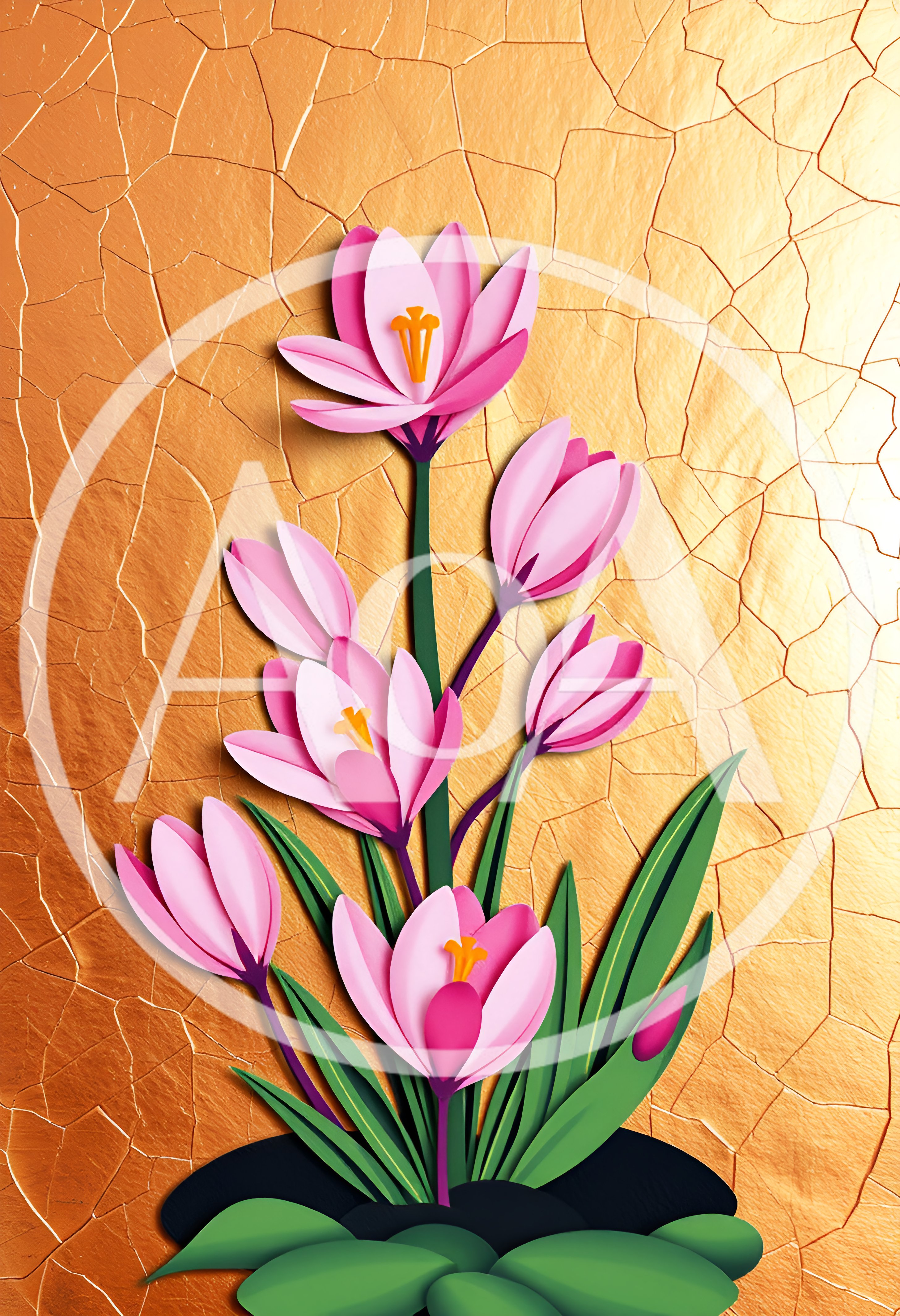 Paper Cutout Style Pink Crocus Flowers On Gold Background
