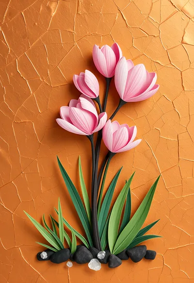 Paper Craft Pink Flowers On Cracked Orange Background