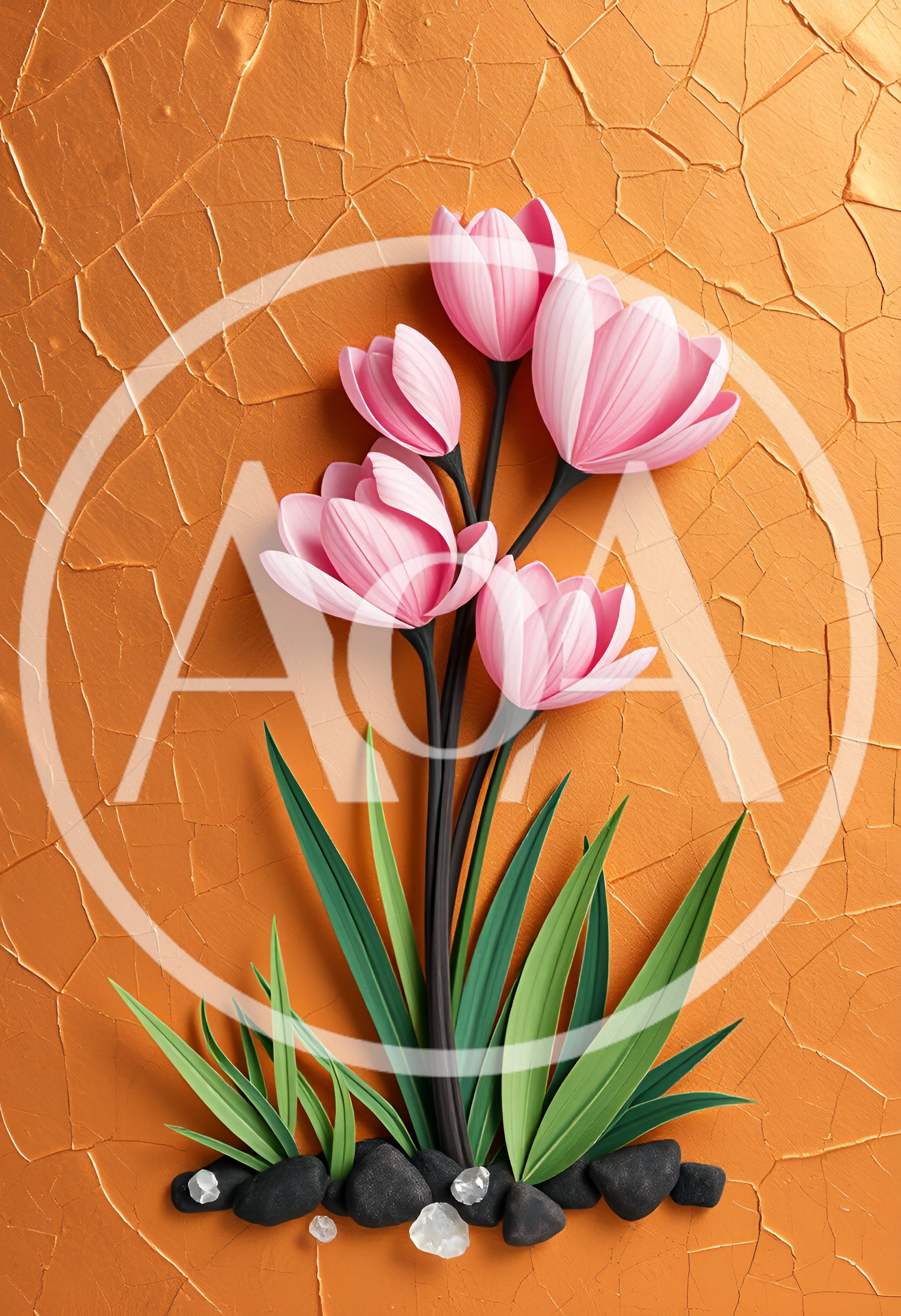 Paper Craft Pink Flowers On Cracked Orange Background