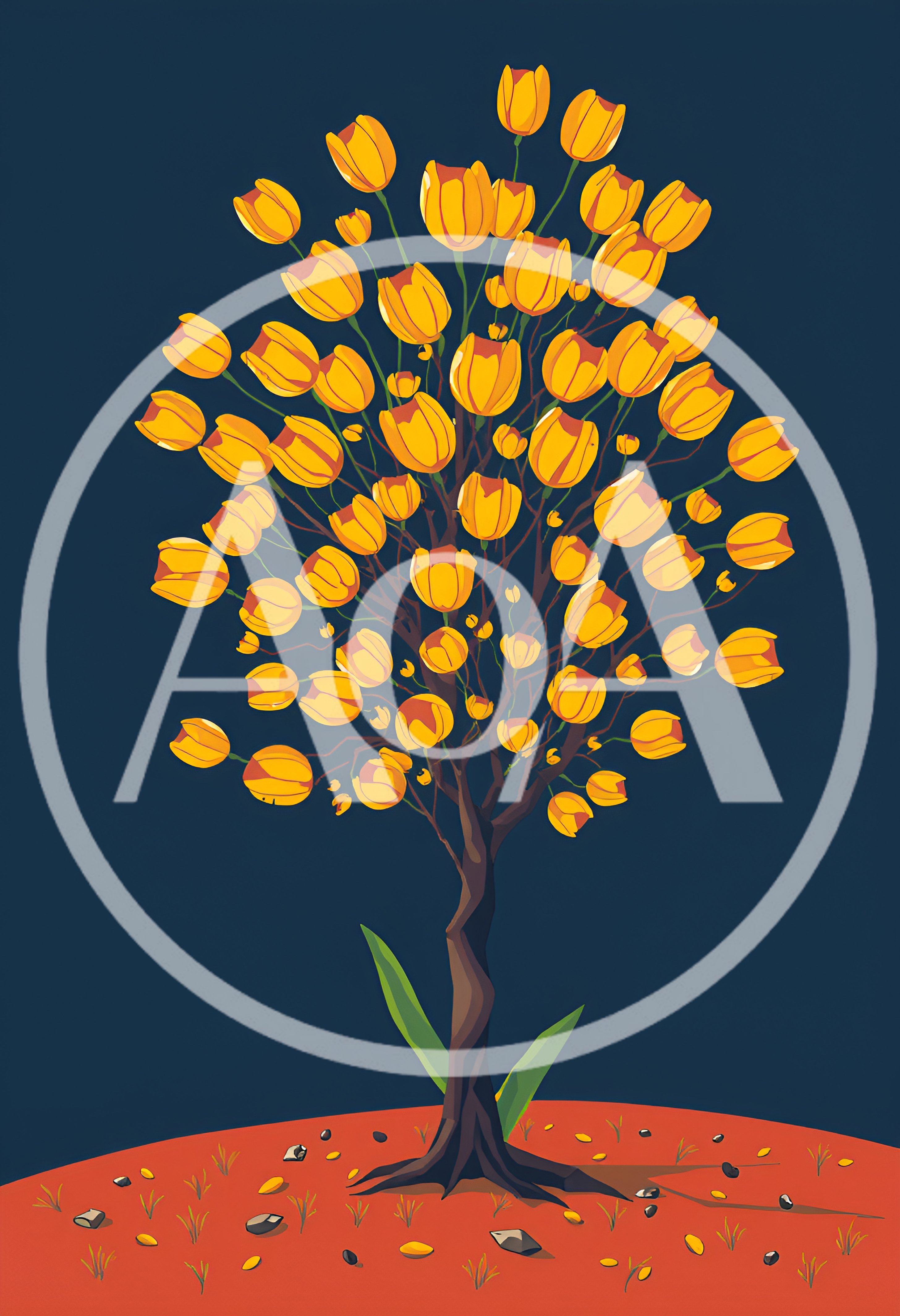 Stylized Tree With Yellow Tulip Blossoms