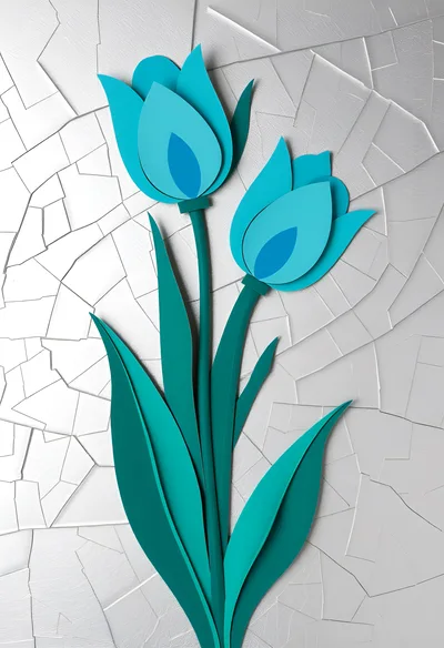 Paper Cutout Style Blue Tulips On Cracked Background