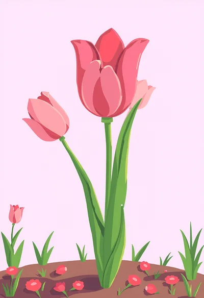 Illustration Of Pink Tulips In A Garden