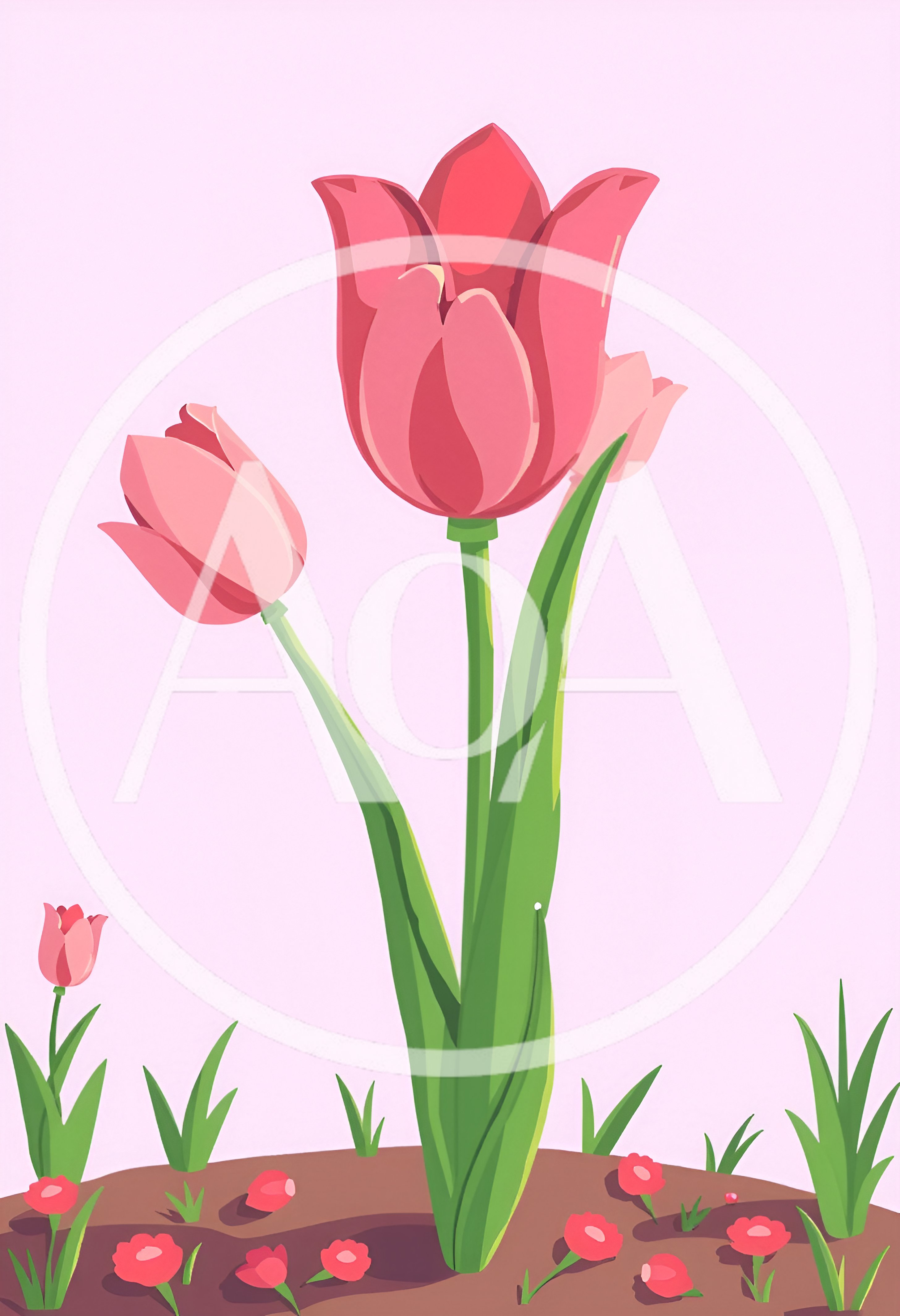 Illustration Of Pink Tulips In A Garden