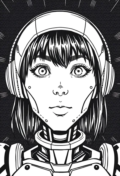 Cybernetic Female Android Portrait With Digital Background