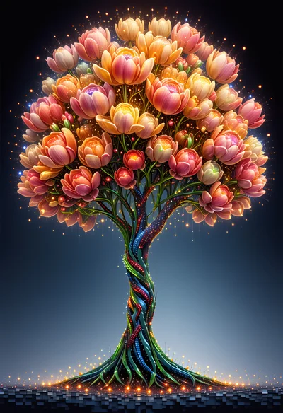 Surreal Tree With Glowing Pink And Orange Flowers