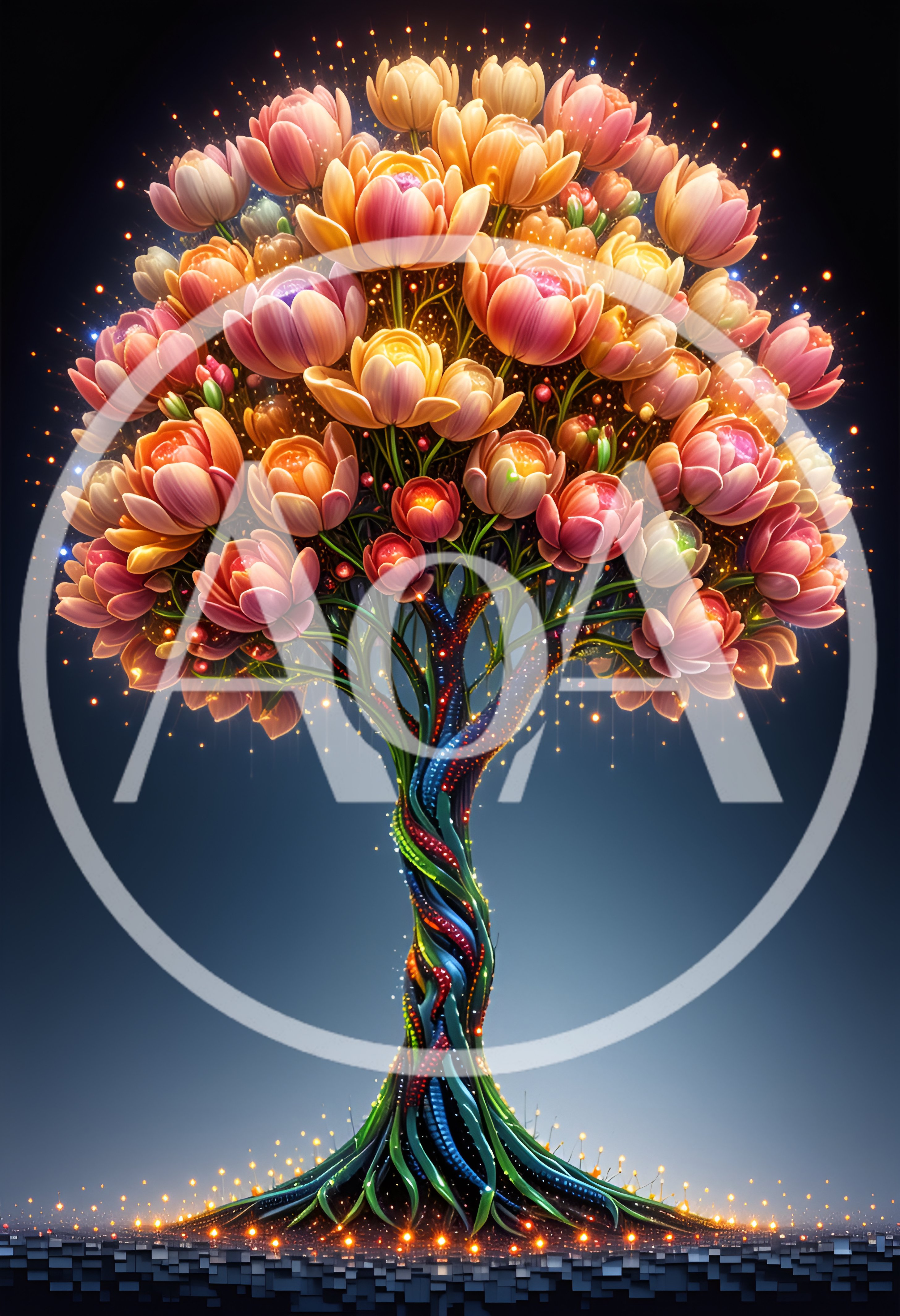 Surreal Tree With Glowing Pink And Orange Flowers