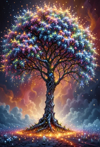 Glowing Magical Tree With Sparkling Lights In Fantasy Landscape