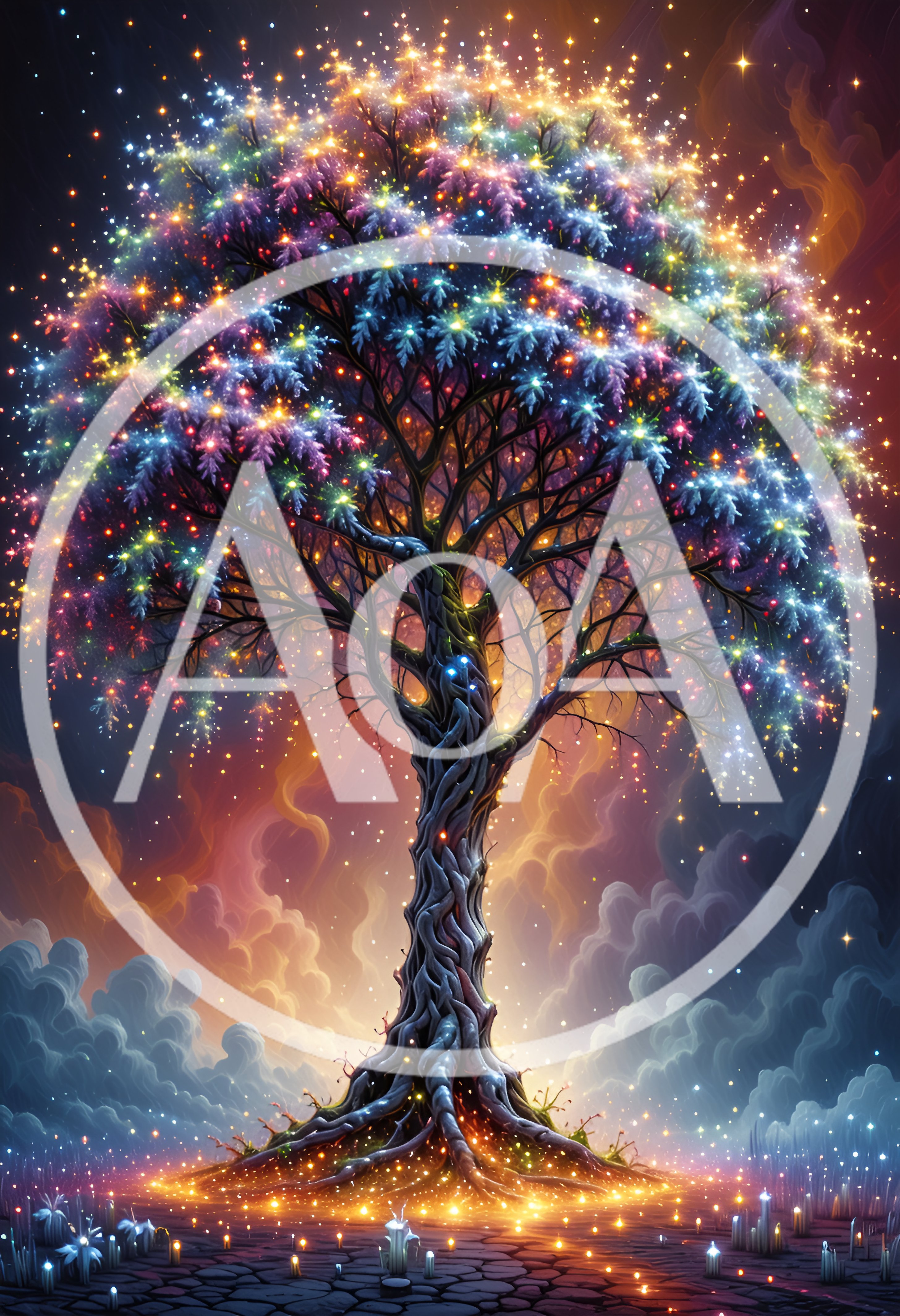 Glowing Magical Tree With Sparkling Lights In Fantasy Landscape