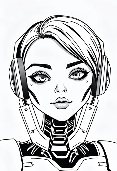 Black and White Illustration of a Cybernetic Female Android