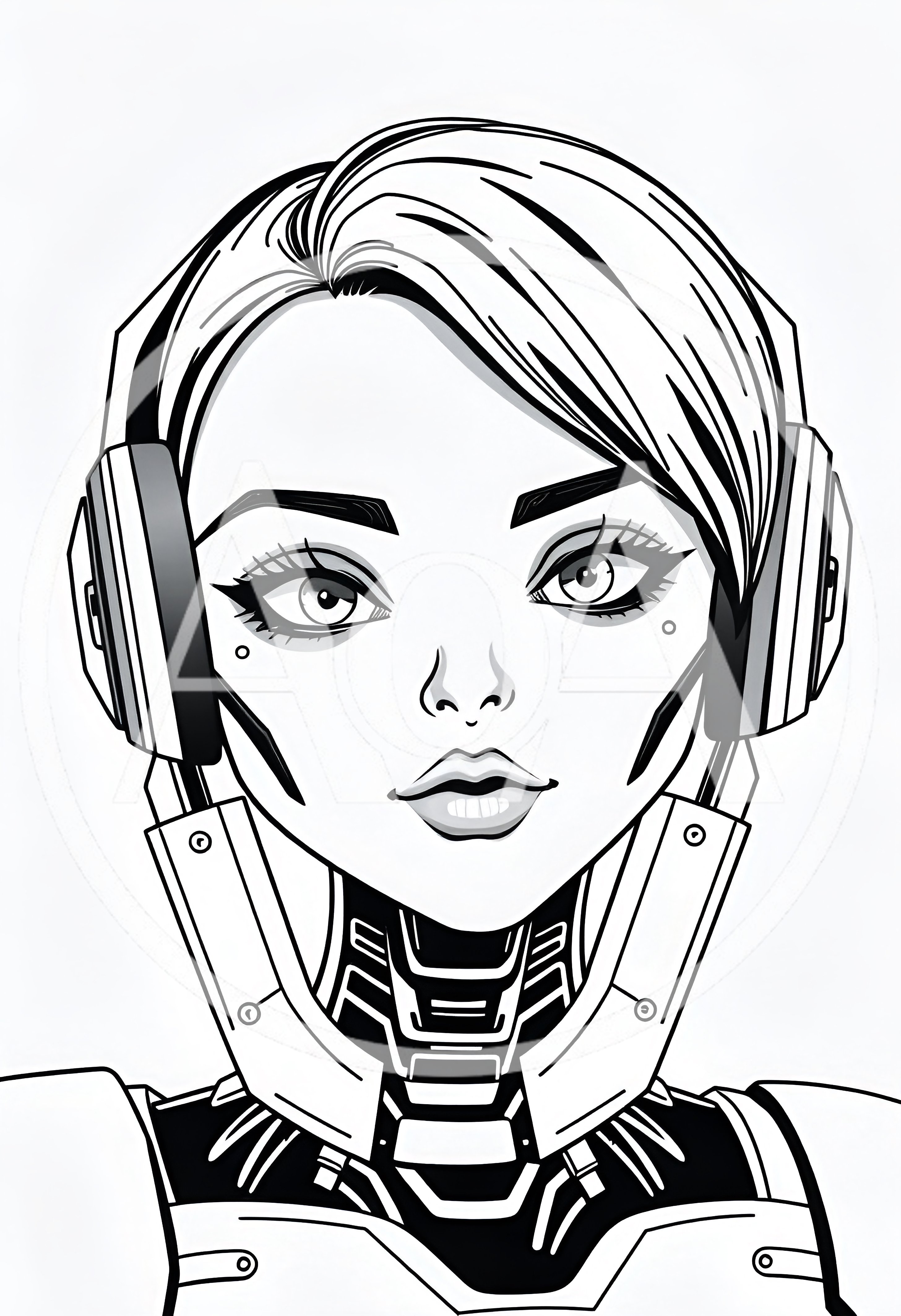 Black and White Illustration of a Cybernetic Female Android