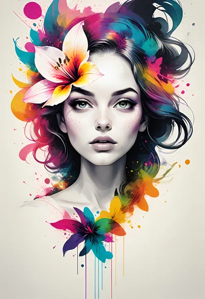Portrait Of A Woman With Watercolor Floral Accents
