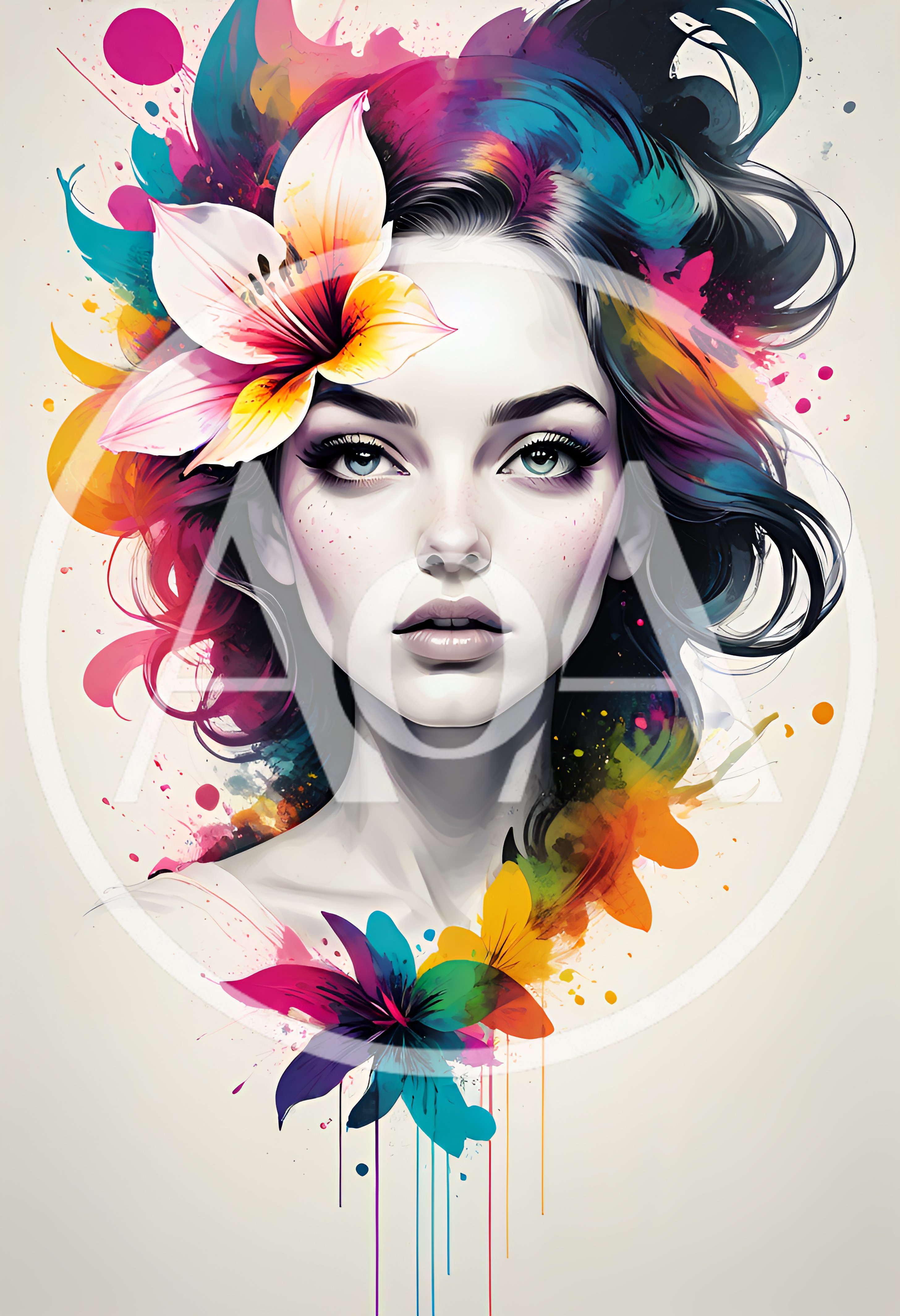 Portrait Of A Woman With Watercolor Floral Accents