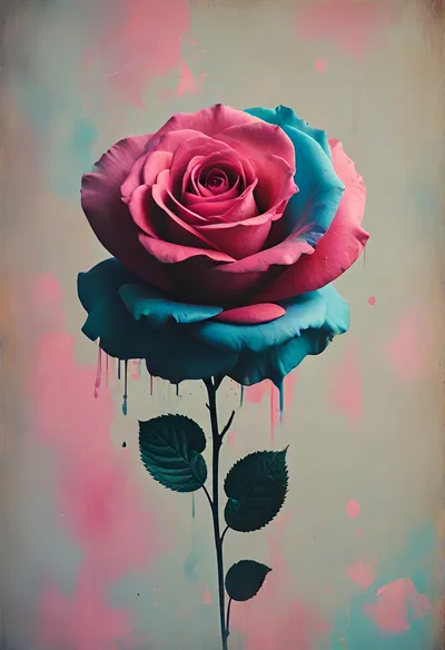 Abstract Painted Rose With Pink And Blue Petals