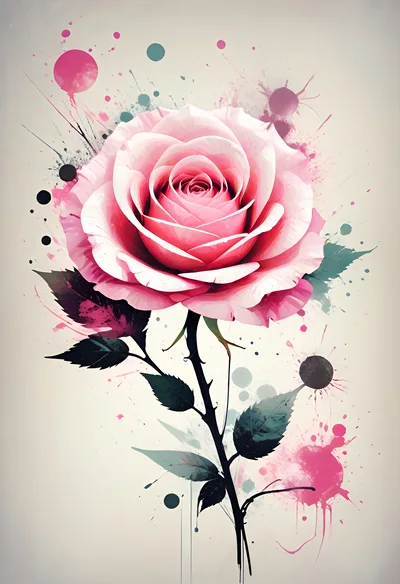 Watercolor Pink Rose Illustration With Ink Splatters