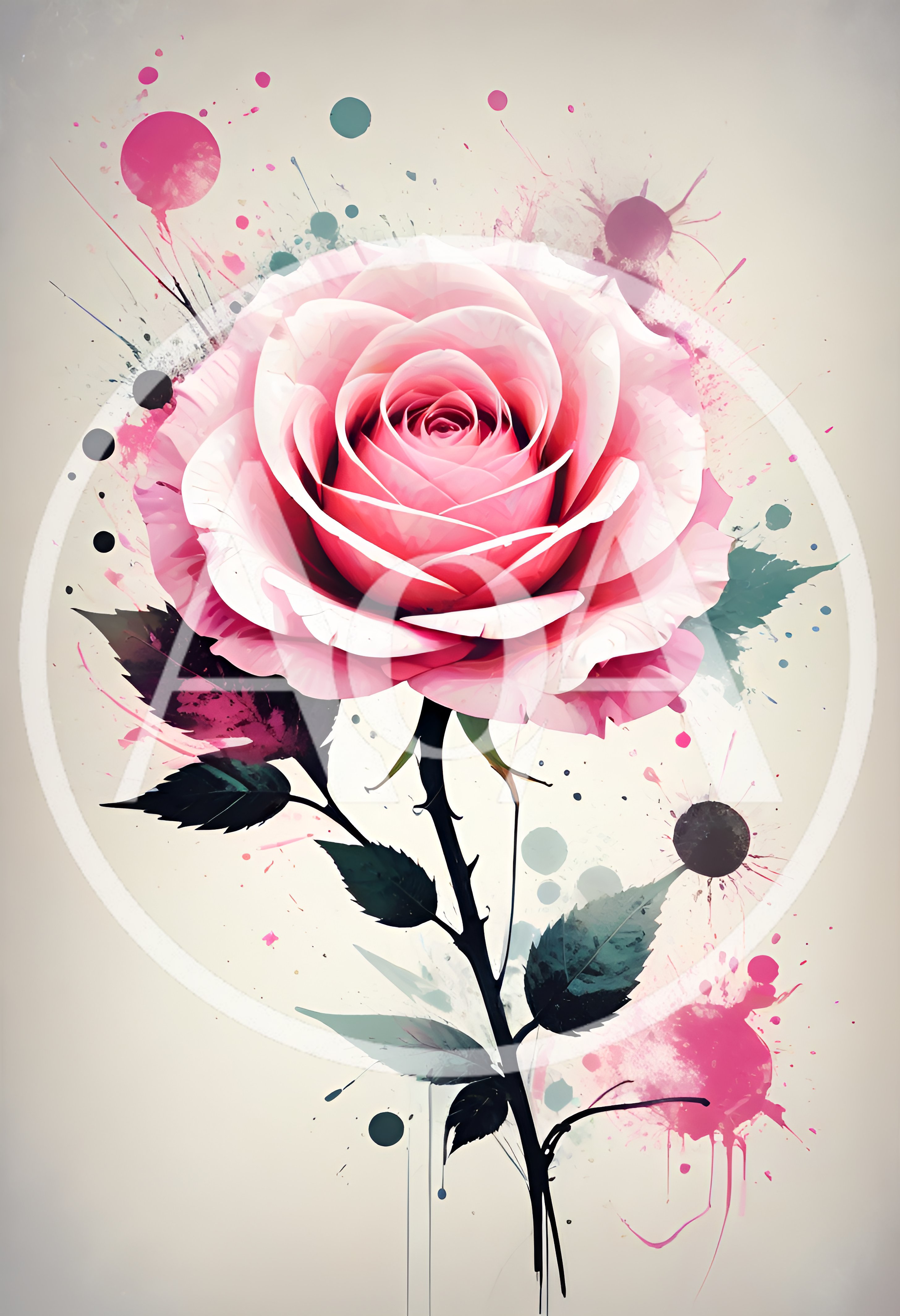Watercolor Pink Rose Illustration With Ink Splatters