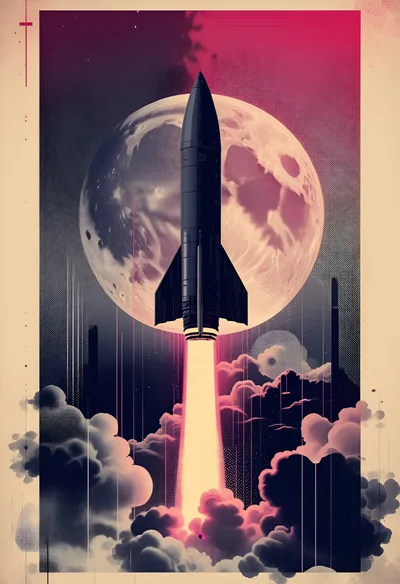 Retro Style Rocket Launching Toward The Moon