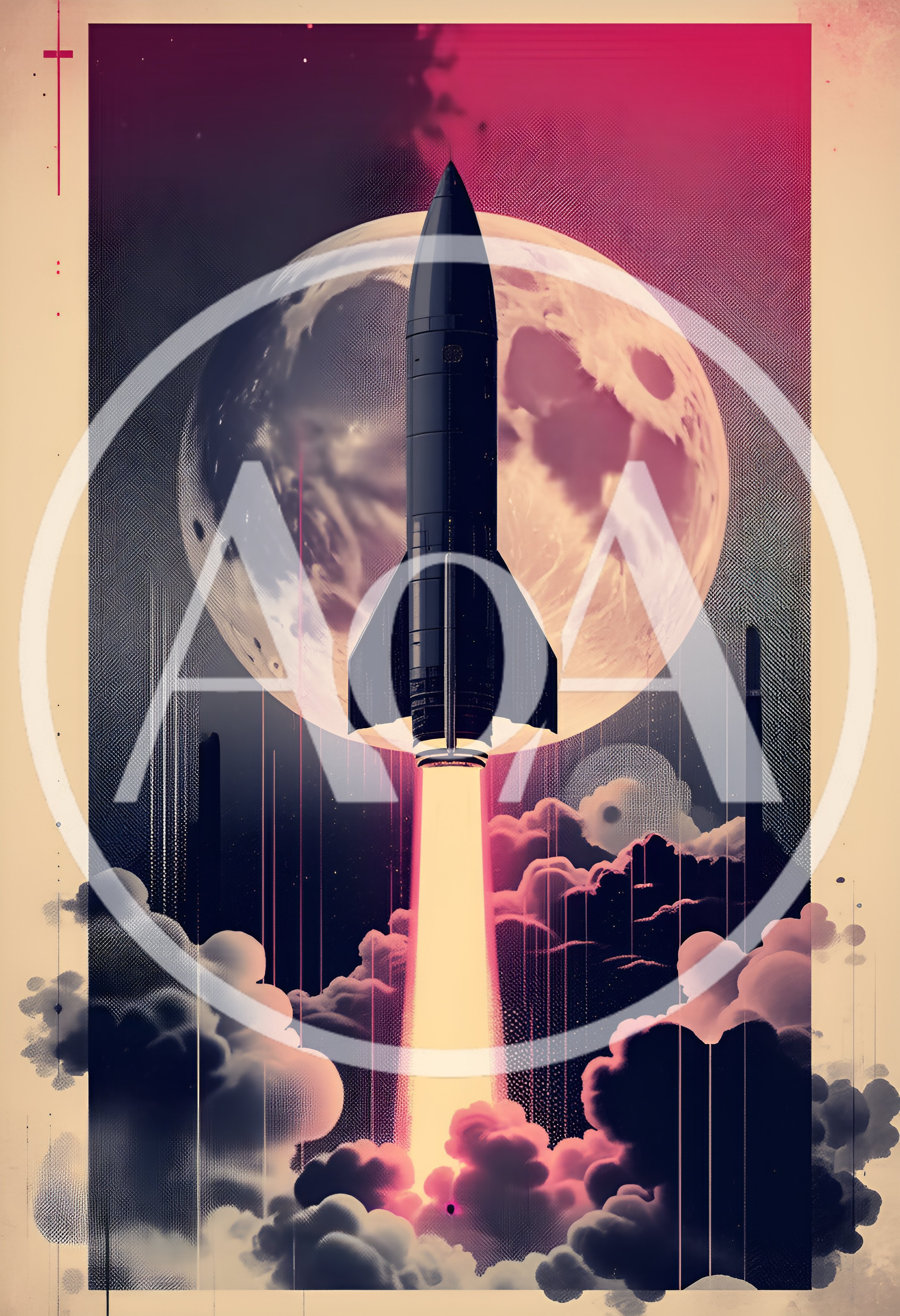 Retro Style Rocket Launching Toward The Moon