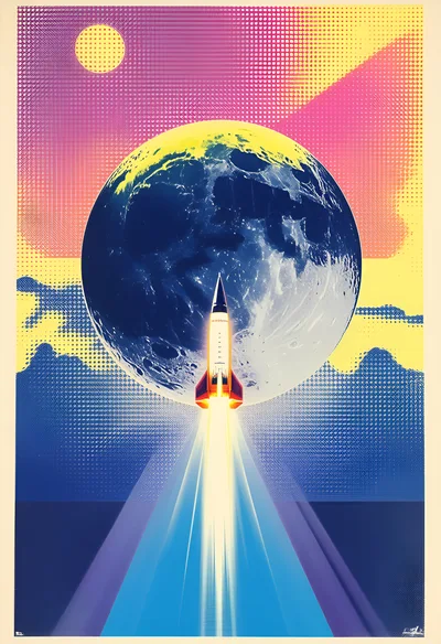 Retro Style Rocket Launching Toward The Moon