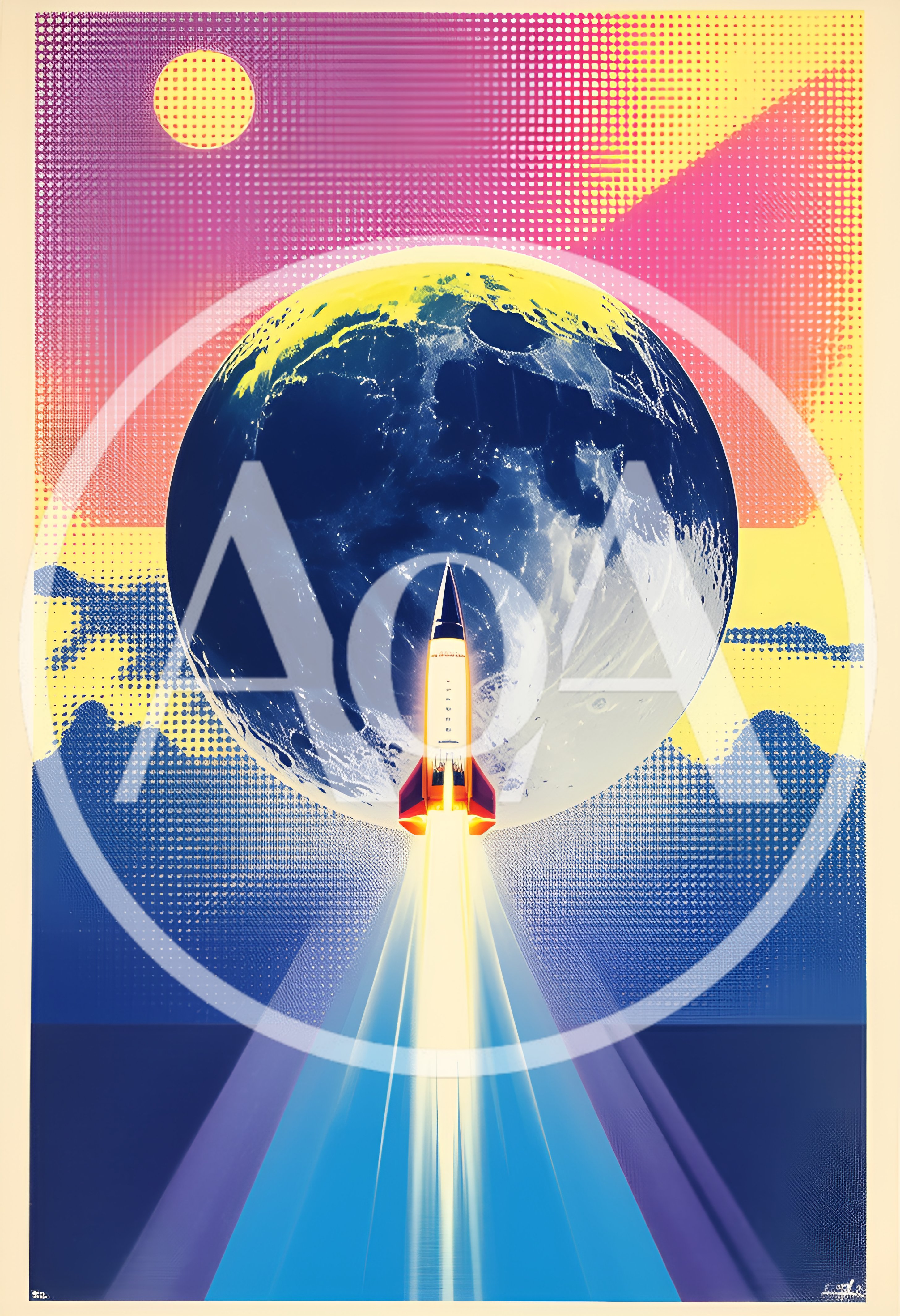 Retro Style Rocket Launching Toward The Moon