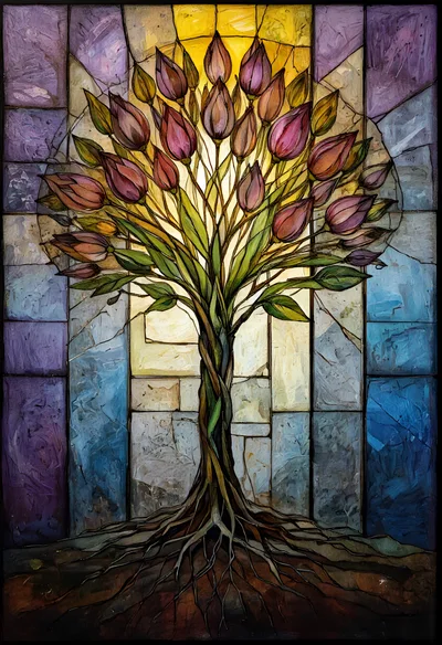 Stained Glass Tree With Pink Tulip Blossoms