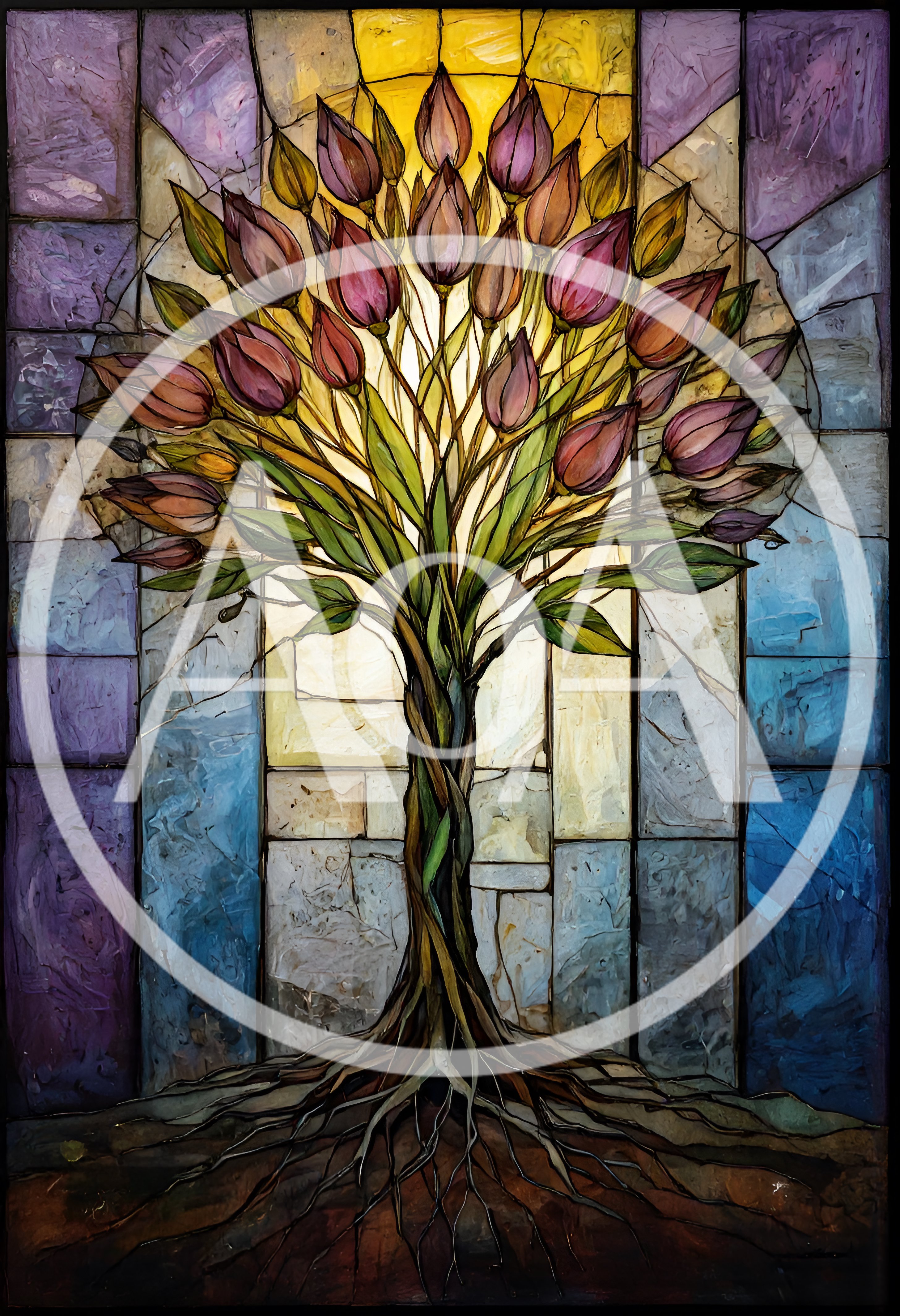 Stained Glass Tree With Pink Tulip Blossoms