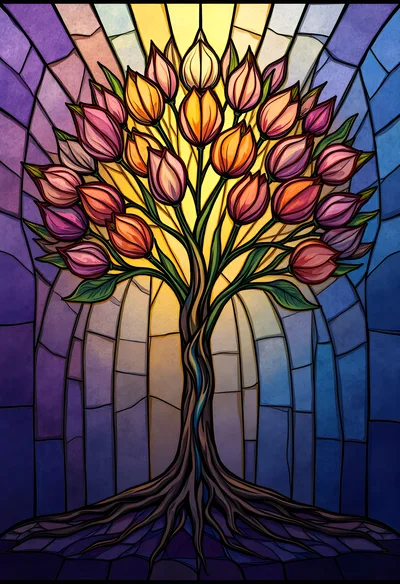 Stained Glass Tree With Vibrant Tulip Blossoms
