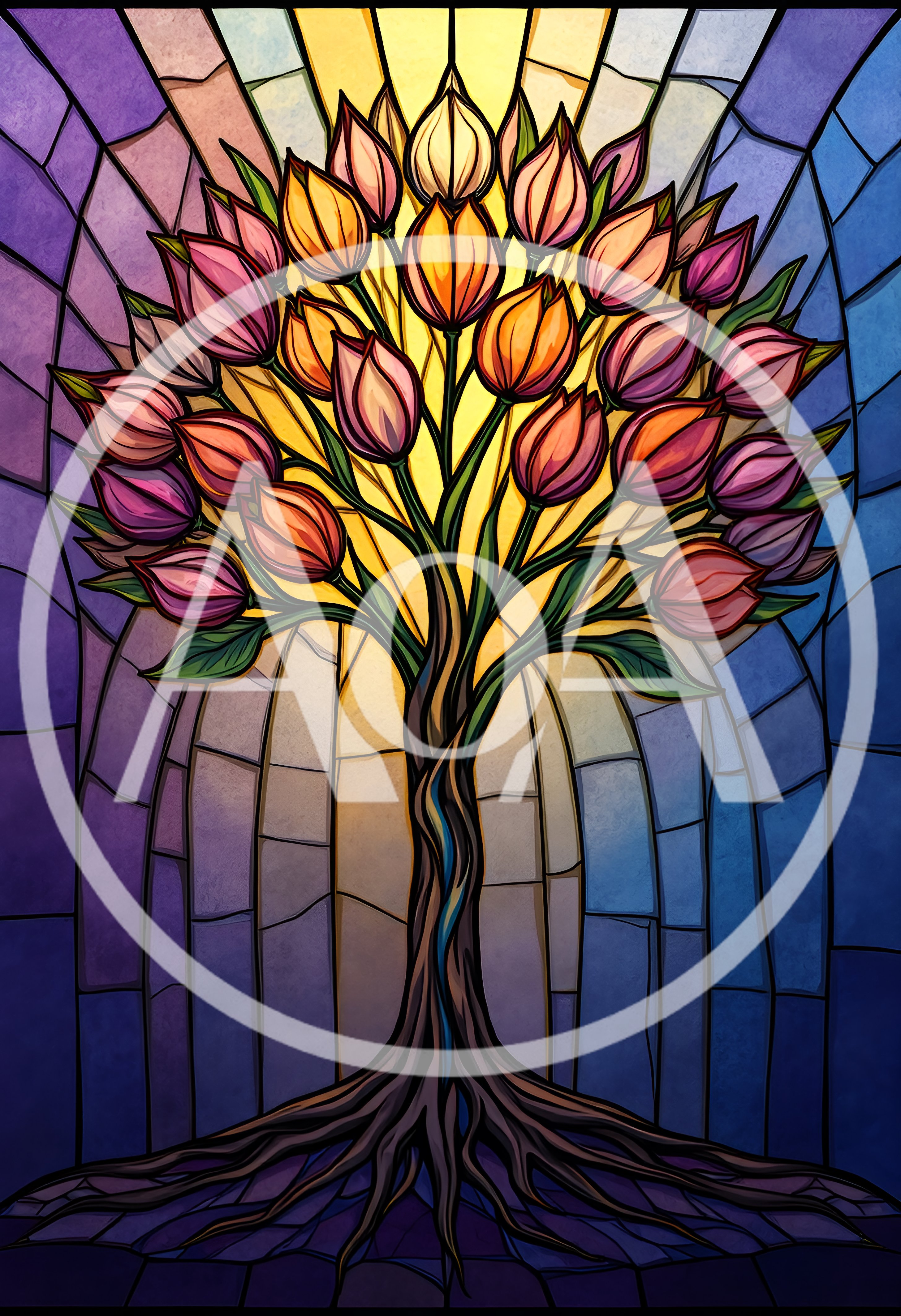 Stained Glass Tree With Vibrant Tulip Blossoms