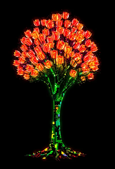 Digital Art Tree With Glowing Orange Tulip Blossoms
