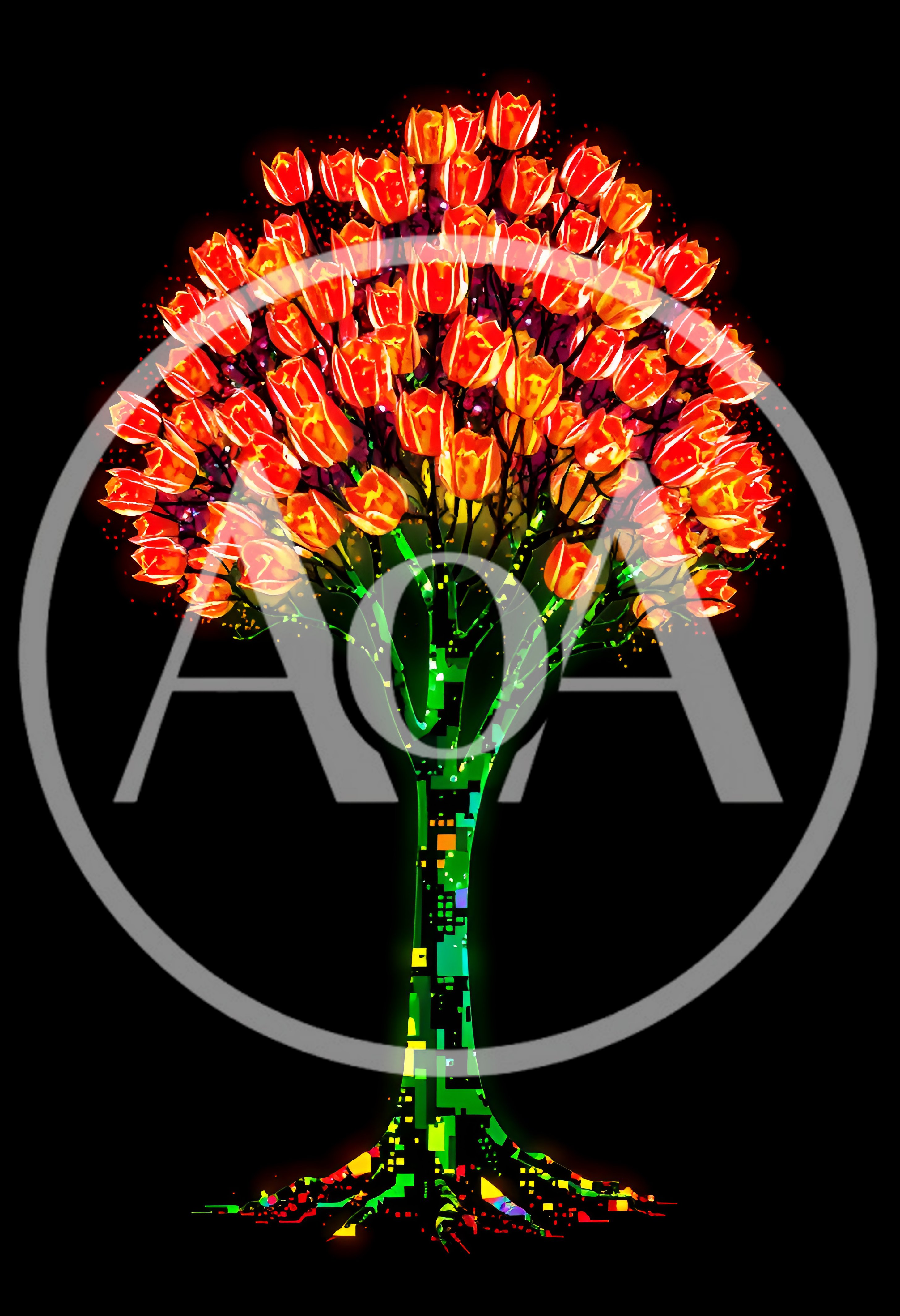 Digital Art Tree With Glowing Orange Tulip Blossoms