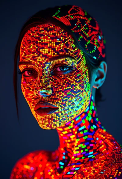 Portrait Of Woman With Digital Pixel Face Art