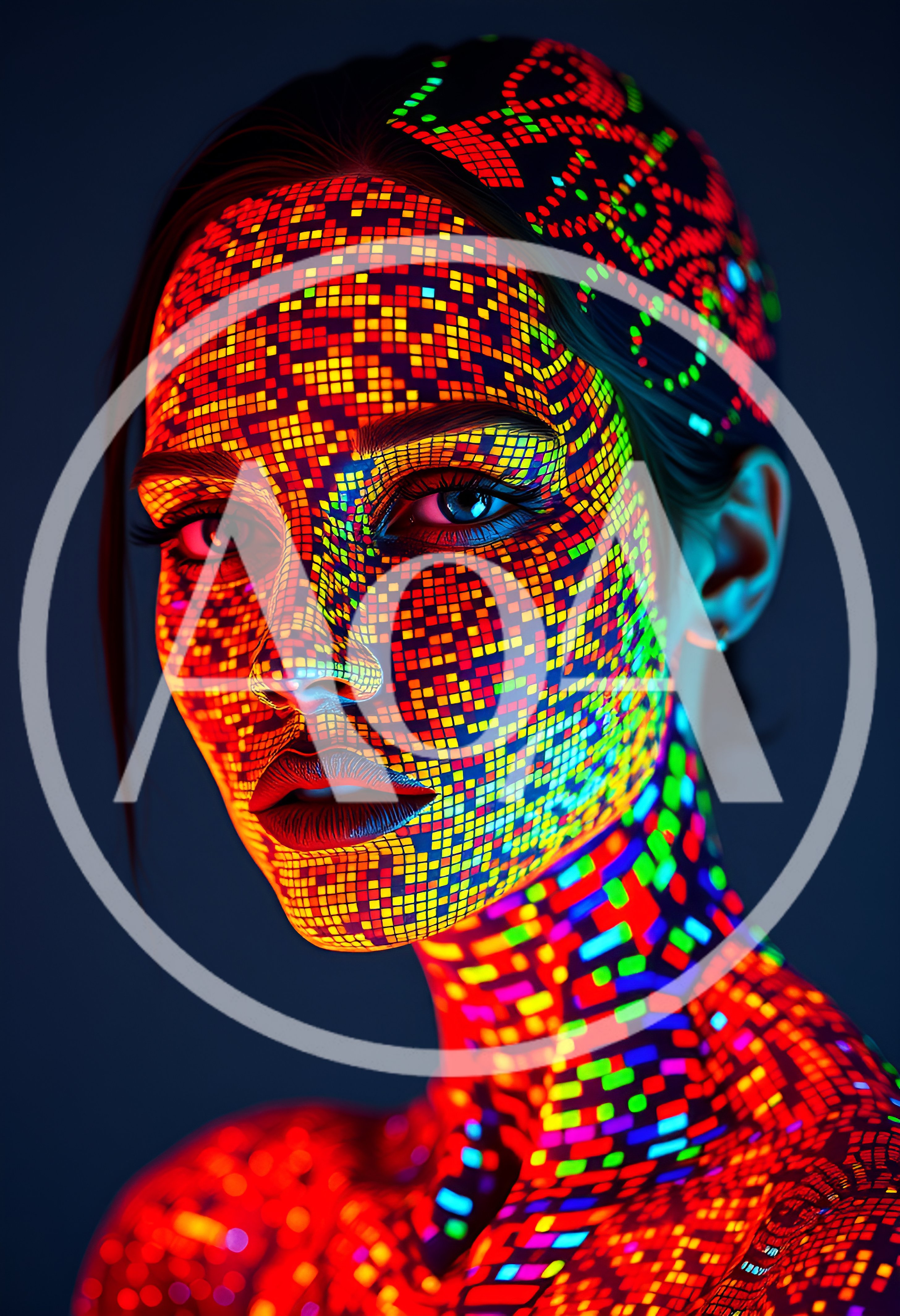 Portrait Of Woman With Digital Pixel Face Art