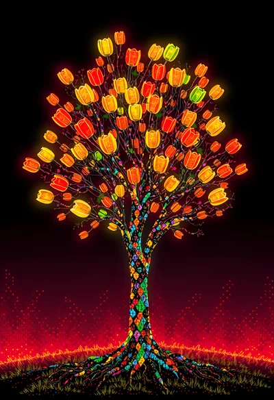 Glowing Mosaic Tree With Vibrant Tulip Blossoms