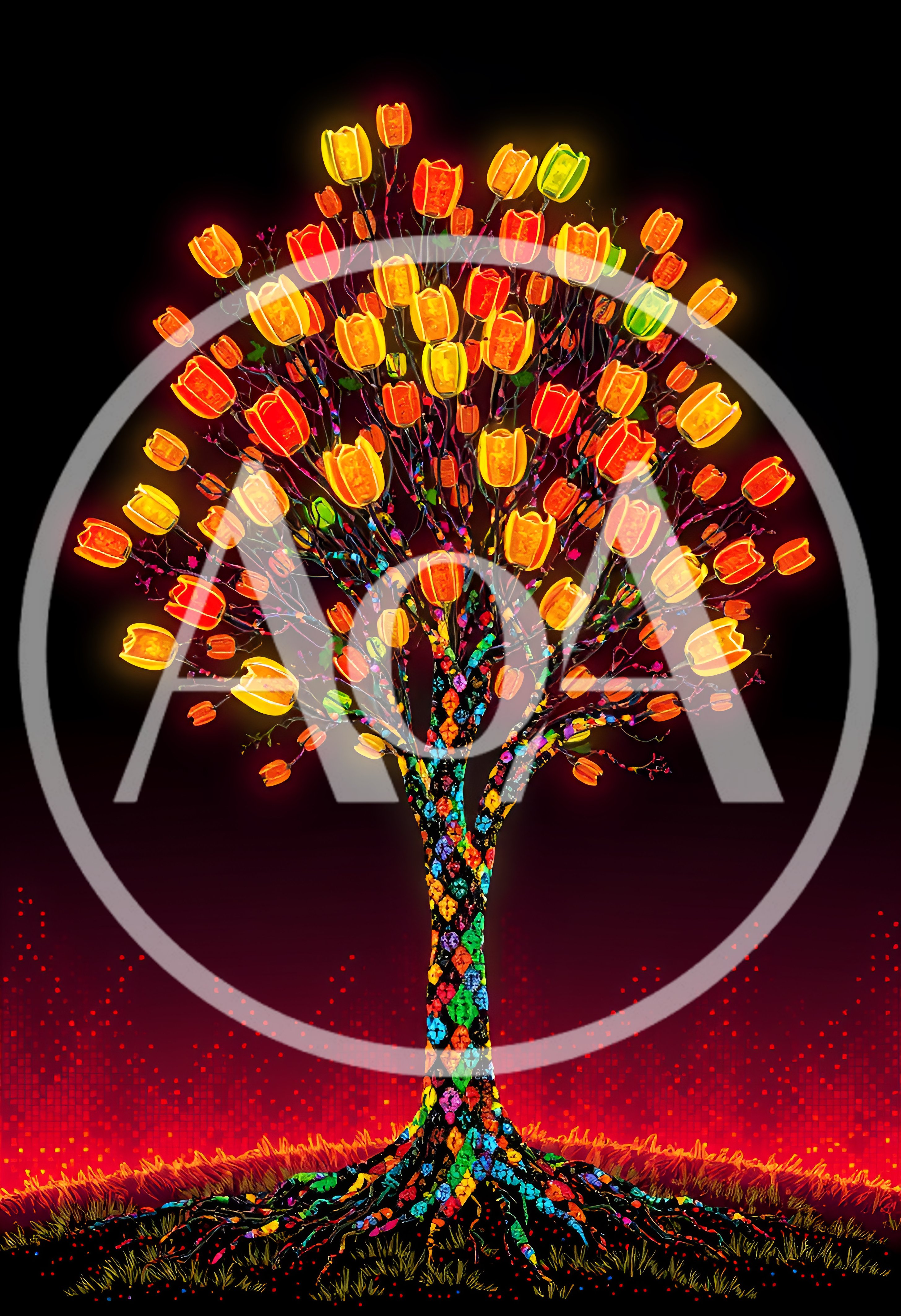 Glowing Mosaic Tree With Vibrant Tulip Blossoms