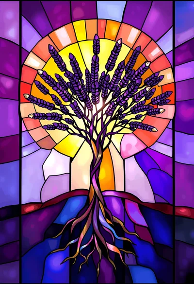 Stained Glass Tree Of Life With Lavender Leaves