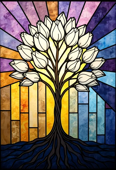 Stained Glass Tree With White Tulip Blossoms