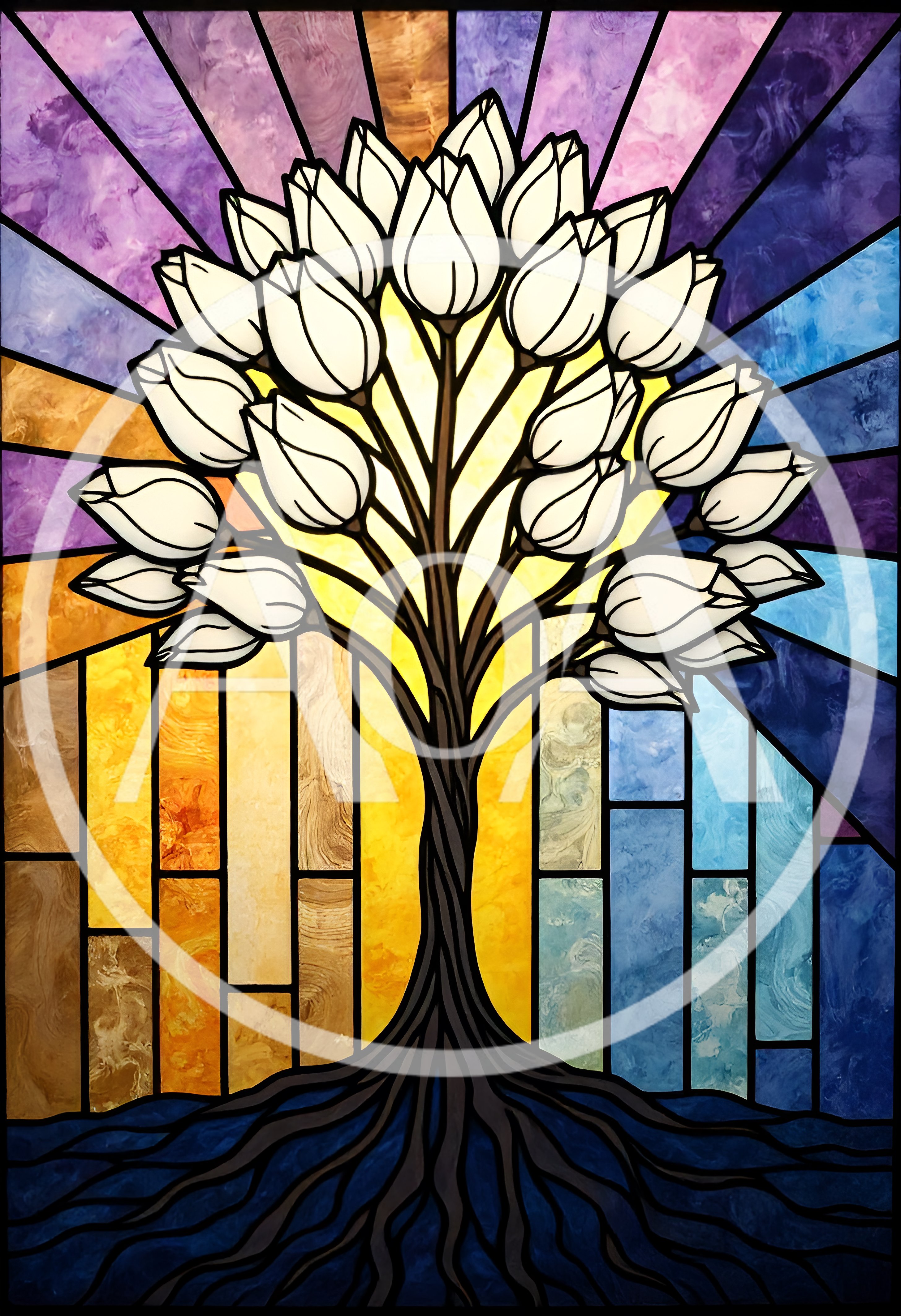 Stained Glass Tree With White Tulip Blossoms