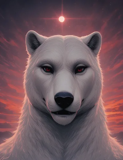 Mystical White Wolf Portrait Against Red Sunset Sky