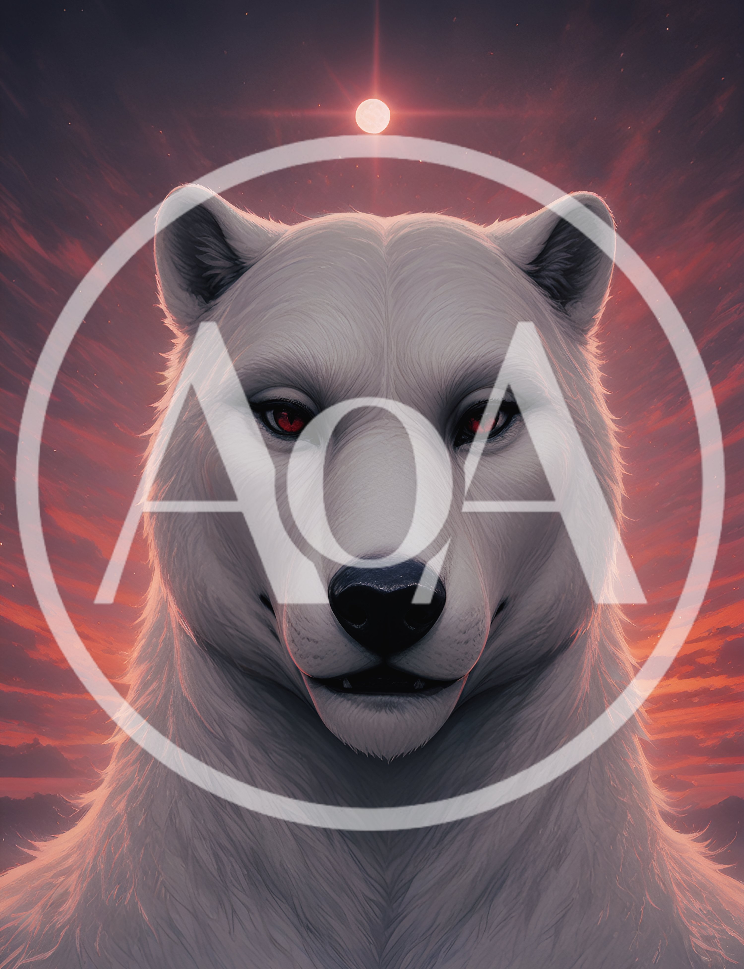 Mystical White Wolf Portrait Against Red Sunset Sky